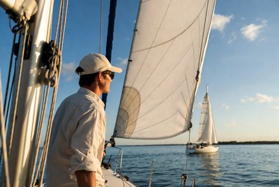 Man sailing on yacht with sails