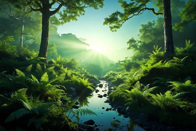 Sunlight Streaming Through Lush Forest Stream