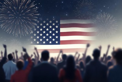 Crowd cheering American flag fireworks