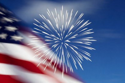 Fireworks over American Flag