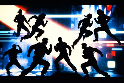 Silhouette dancers jumping dynamically