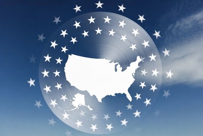 USA Map with Stars on Blue Sky