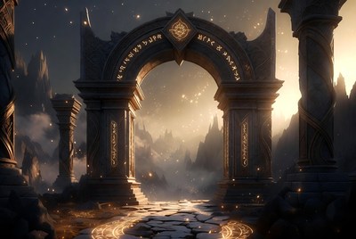 Magical Glowing Stone Archway in Mountains