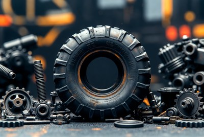 Large Off-Road Tire with Car Parts