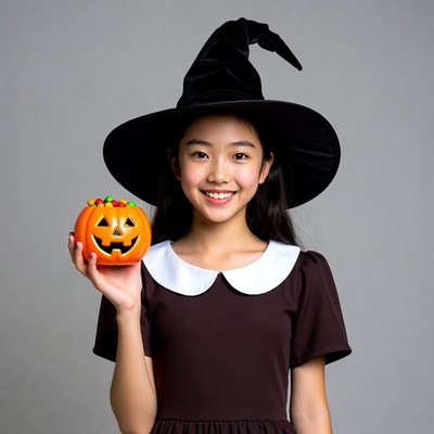 Asian girl witch hat pumpkin candy