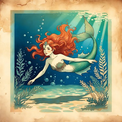 Red-haired mermaid swimming underwater