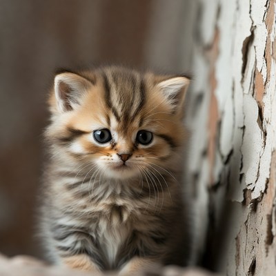 Cute tabby kitten against wall
