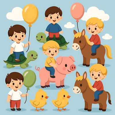 Boys with animals and balloons illustration