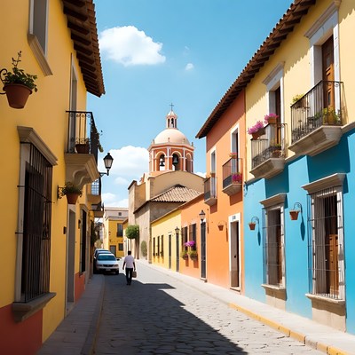 Colorful Mexican Street with Walking Man
