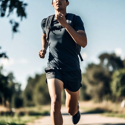 Asian man running with backpack