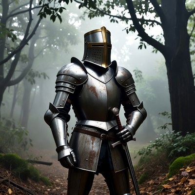 Medieval Knight in Misty Forest