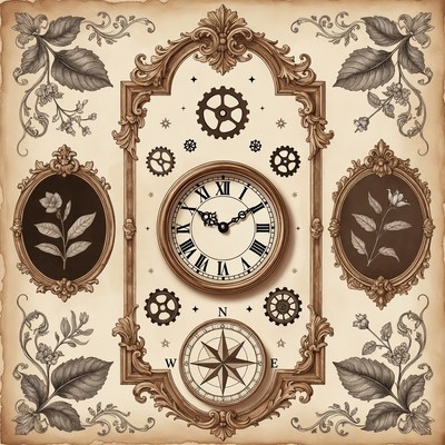 Vintage Clock with Gears and Compass