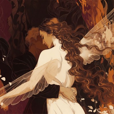 Winged woman embraced by man