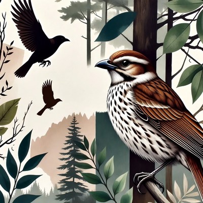 Birds perched in forest illustration