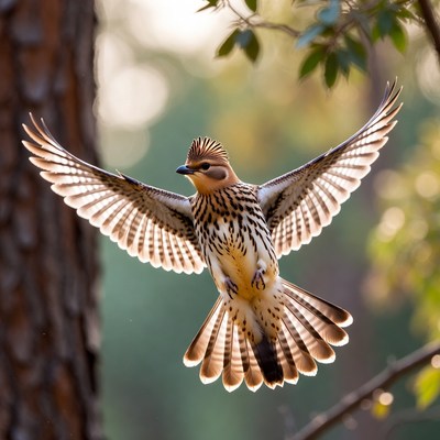 Crested Barbet Flying in Forest