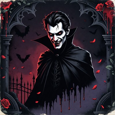 Vampire with fangs in gothic frame