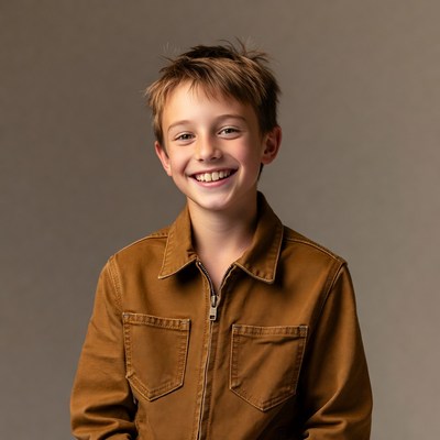 Smiling boy in brown jacket