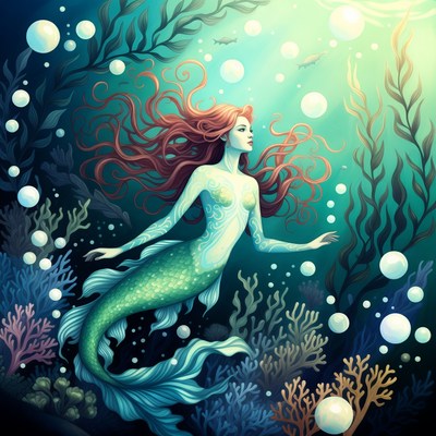 Red-haired mermaid in underwater scene