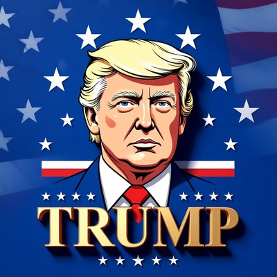 Donald Trump cartoon portrait with American flag