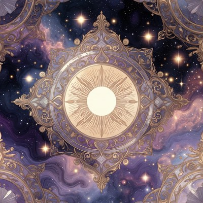 Ornate Golden Sun in Purple Galaxy