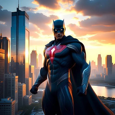Batman standing on Gotham rooftop sunset