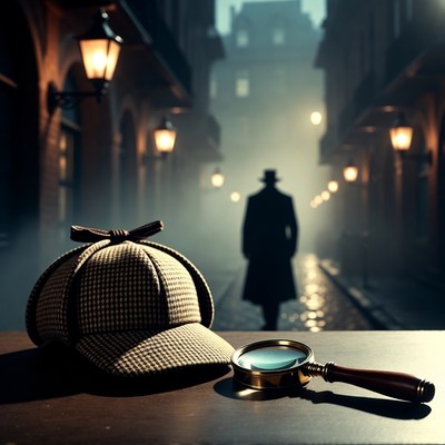 Sherlock Holmes Hat Magnifying Glass Foggy Alley