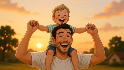 Father carrying happy son on shoulders