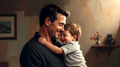 Father hugging smiling toddler son