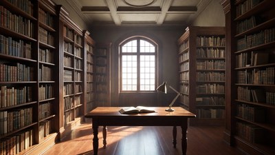 Grand library with open book