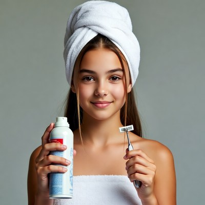 Girl holding shaving cream and razor