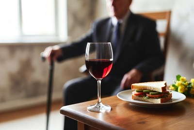 Elderly man with wine and sandwich