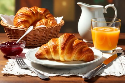 Croissants with orange juice and jam
