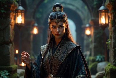 Asian woman in ancient arched corridor