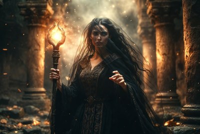 Woman holding flaming staff in ruins