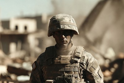 Soldier in camouflage helmet