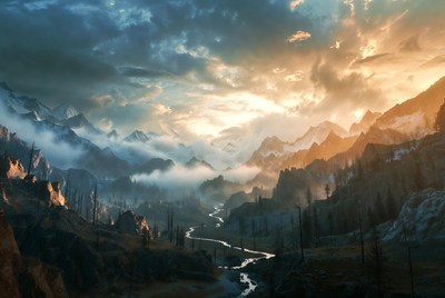 Majestic Snowy Mountains with River Valley