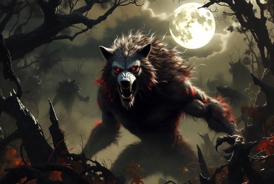 Roaring Werewolf in Moonlit Forest