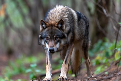 Gray wolf stalking in forest