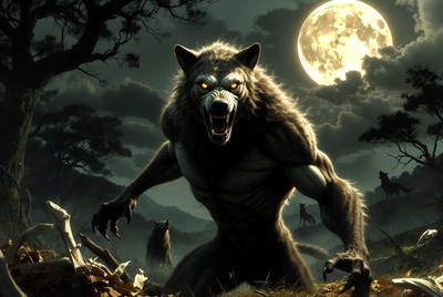 Roaring Werewolf Under Full Moon