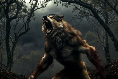 Roaring Werewolf in Dark Forest
