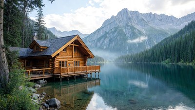Log cabin on lake with mountains