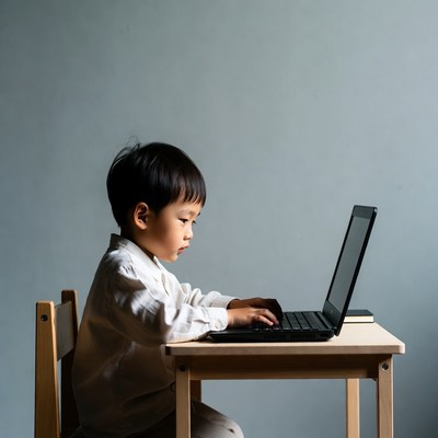 Asian boy using laptop at desk