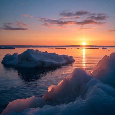 Icebergs in sunset over frozen sea