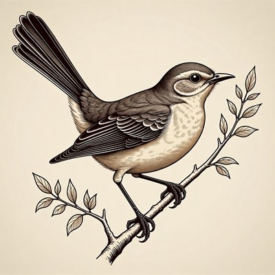 Mockingbird perched on branch illustration