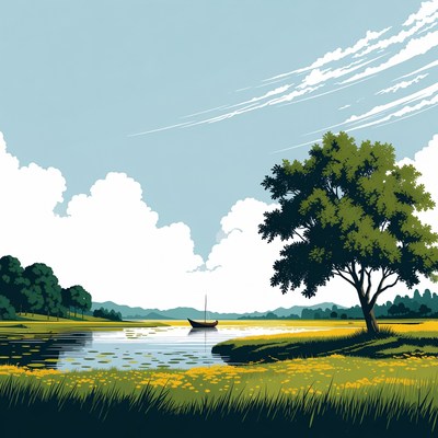 Sailboat on river by large tree