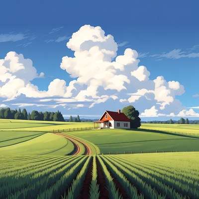 Red house in green fields