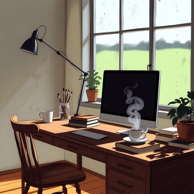 Cozy Wooden Desk with Coffee and Computer