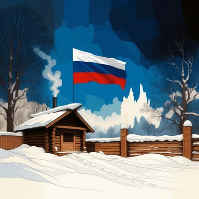 Russian flag over snowy log cabin