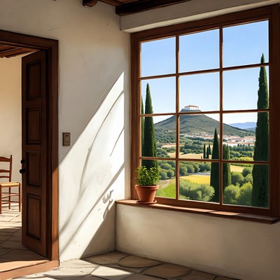 Window View of Mountain Castle Landscape