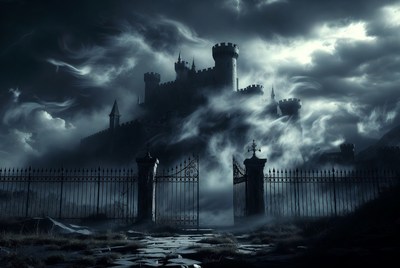 Dark Gothic Castle in Stormy Fog
